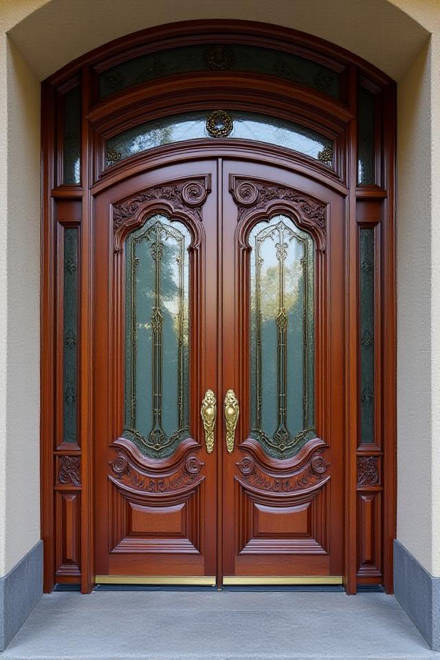 Restaurierte Jugendstil-Eingangstür mit aufwendigen Schnitzereien