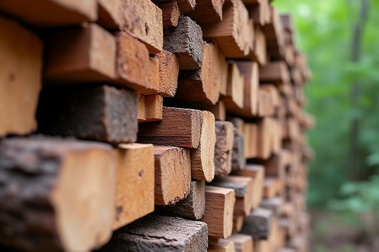 Nahaufnahme von nachhaltig gewonnenem Holzstapel, bereit zur Verarbeitung.